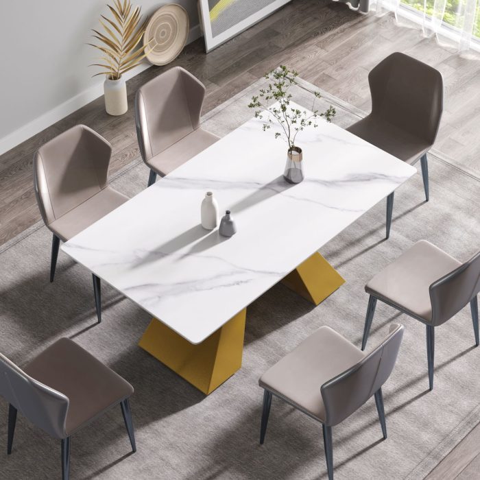 63" Modern Artificial Stone Straight Edge Golden Metal Leg Dining Table - White / Gold - Image 4