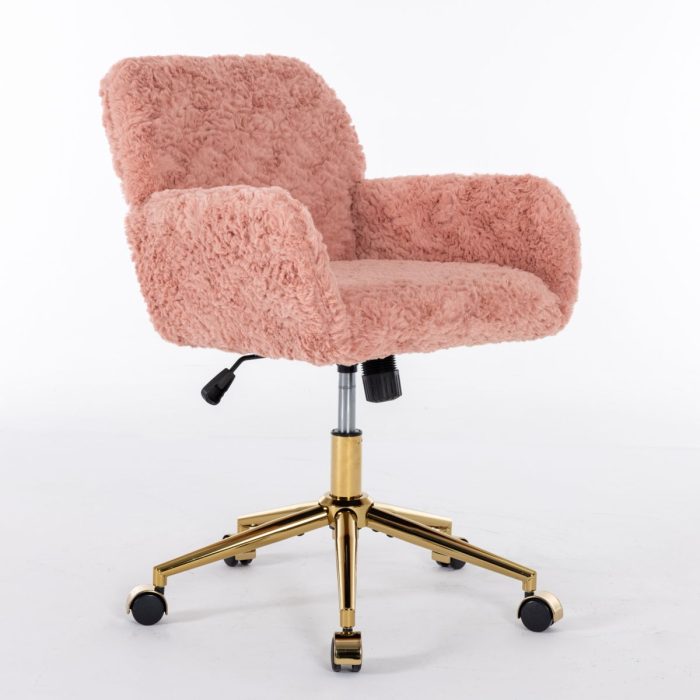 Office Chair, Artificial Rabbit Hair Home Office Chair With Golden Metal Base, Adjustable Desk Chair Swivel Office Chair, Vanity Chair - Image 3
