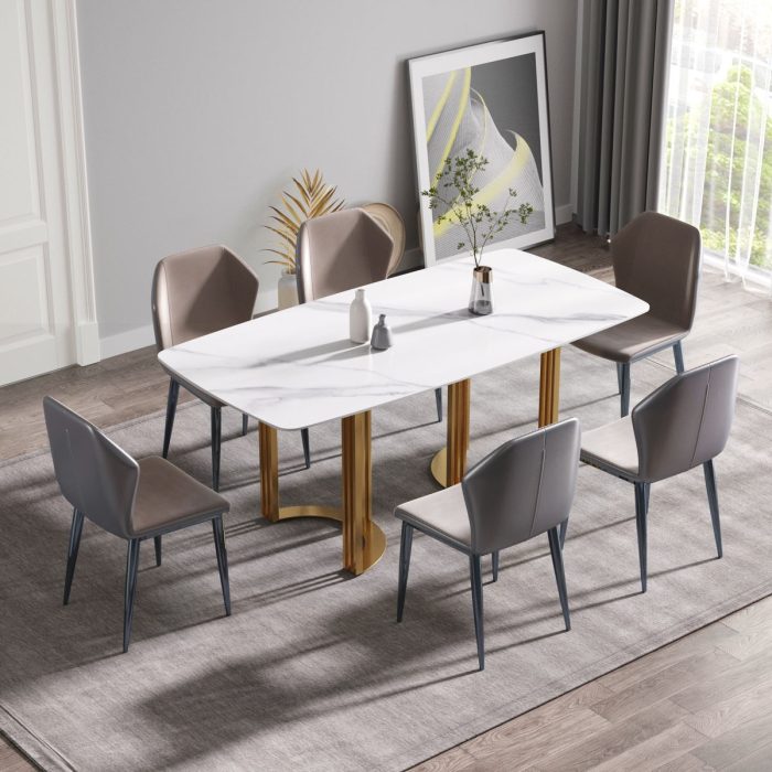 70.87" Modern Artificial Stone White Curved Golden Metal Leg Dining Table, Can Accommodate 6-8 People - White / Gold - Image 4