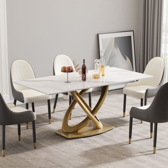 70.84" Modern Artificial Stone Panel Double-Ring Stainless Steel Metal Legs, Can Accommodate 6-8 People - Image 2
