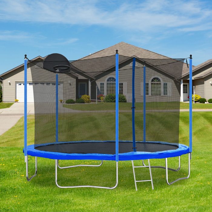 12Ft Trampoline For Adults & Kids With Basketball Hoop, Outdoor Trampolines With Ladder And Safety Enclosure Net For Kids And Adults - Blue - Image 4