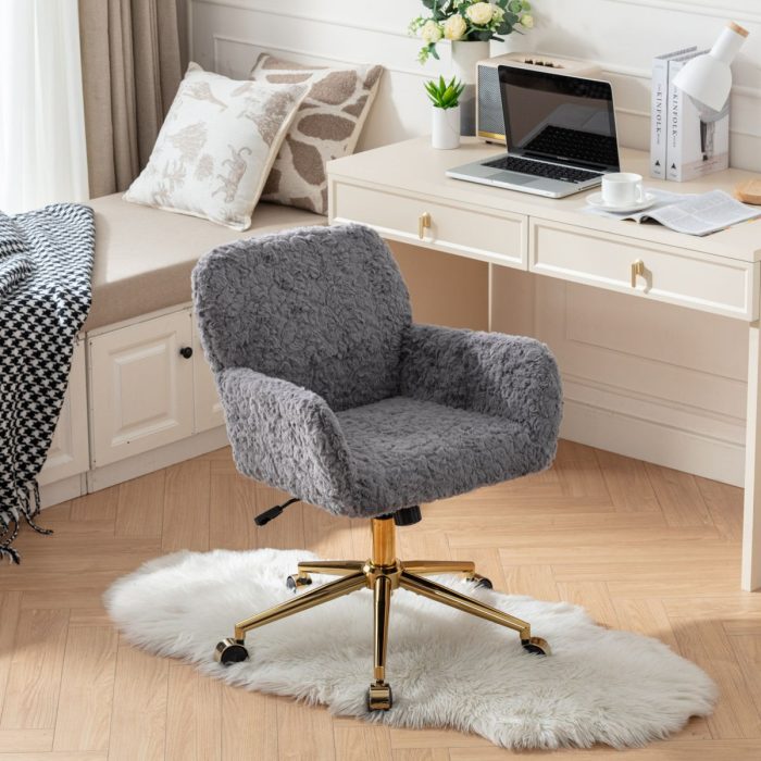 Office Chair, Artificial Rabbit Hair Home Office Chair With Golden Metal Base, Adjustable Desk Chair Swivel Office Chair, Vanity Chair - Image 10