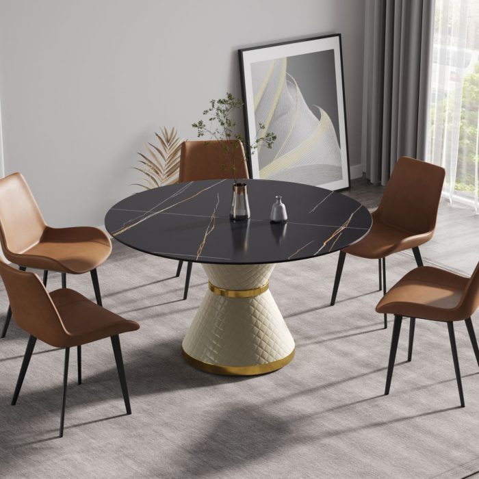53.15" Modern Artificial Stone Round Carbon Steel Base Dining Table, Can Accommodate 6 People - Black / White - Image 4