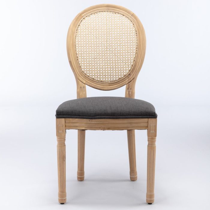 French Style Solid Wood Frame Antique Painting Linen Fabric Rattan Back Dining Chair (Set of 2) - Image 3