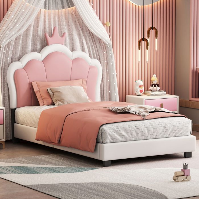 Twin Size Upholstered Princess Bed & Crown Headboard, Platform Bed With Headboard And Footboard - White / Pink - Image 4