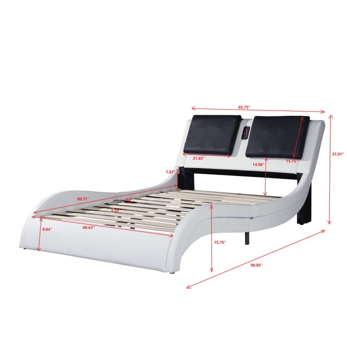 Upholstered Platform Bed Frame With LED Lighting, Bluetooth Connection To Play Music Control, Backrest Vibration Massage, Curve Design, Wood Slat Support, Exhibited Speakers - Image 9
