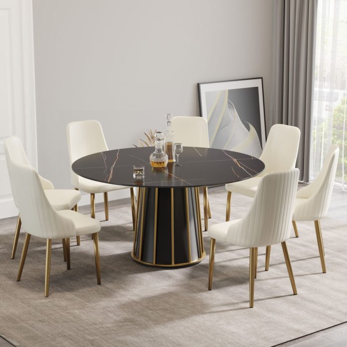 Modern Artificial Stone Round Metal Iron Base Dining Table, Can Accommodate 8 People, (Not Including Chairs) - Black - Image 2