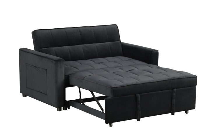 Maeve - Velvet Convertible Sleeper Loveseat With Tufting and Side Pocket - Black - Image 2