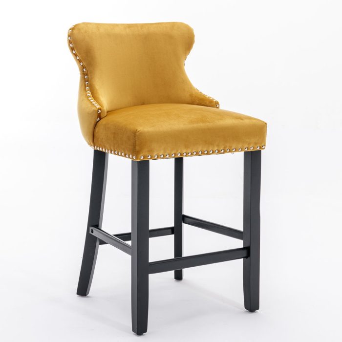 Contemporary Velvet Upholstered Wing-Back Barstools With Button Tufted Decoration And Wooden Legs, And Chrome Nailhead Trim, Leisure Style Bar Chairs, Bar Stools (Set of 2) - Image 9