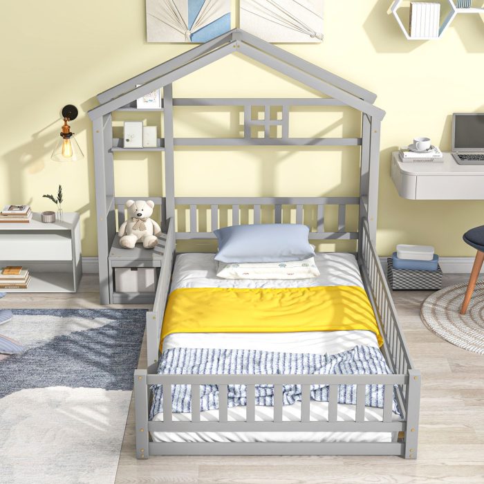 House-Style Headboard Floor Bed With Fence Guardrails Without Cushion - Image 6