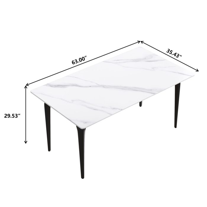 63" Modern Artificial Stone White Straight Edge Black Metal Leg Dining Table, 6 People - White / Black - Image 3