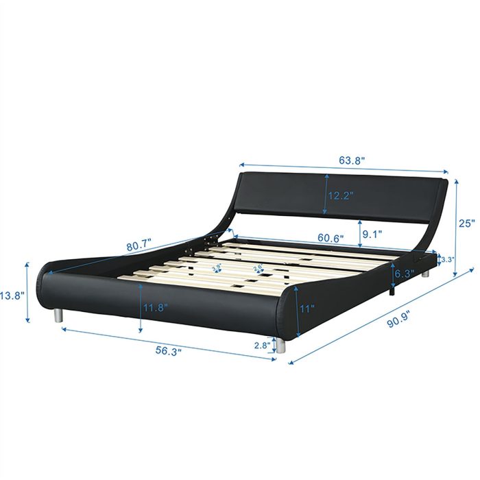Queen Size Upholstered Platform Bed Frame, LED Lighting With Remote Controller And App, Curve Design, Wood Slat Support, No Box Spring Needed - Black - Image 3