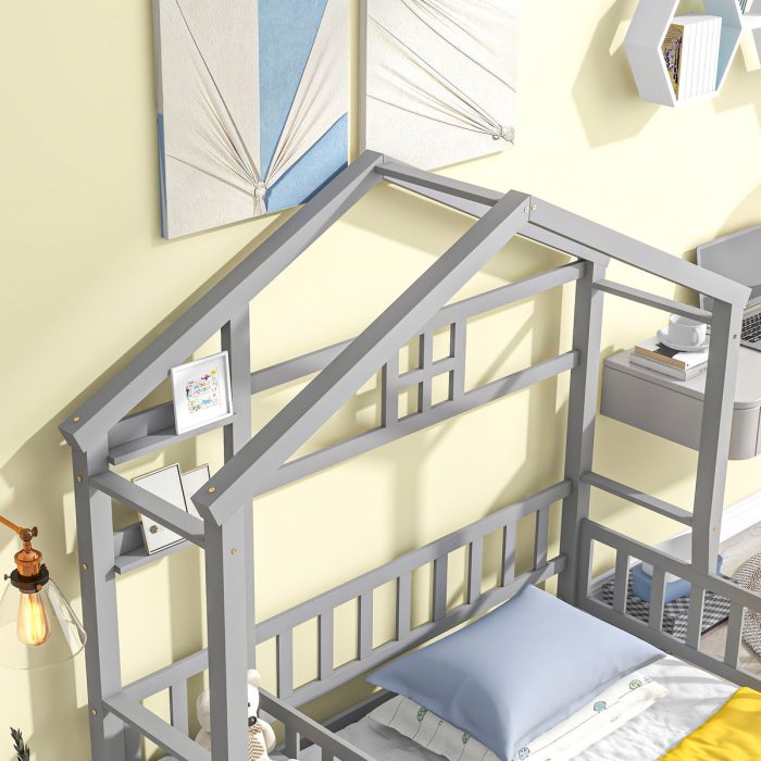 House-Style Headboard Floor Bed With Fence Guardrails Without Cushion - Image 7