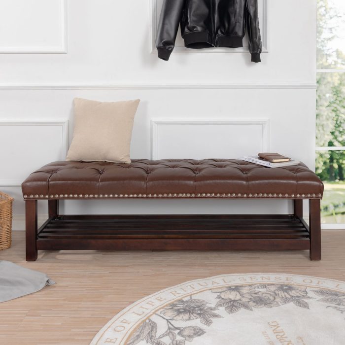 Bedroom End Of Bed Bench Tufted Upholstered End Of Bed Bench End Of Bed Entrance Shoe Bench With Nailhead Trim And Shelf Bedroom Upholstered Leather Bench Living Room Shoe Rack Footstool - Image 6