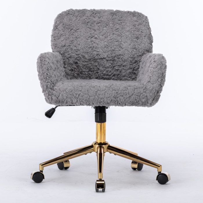Office Chair, Artificial Rabbit Hair Home Office Chair With Golden Metal Base, Adjustable Desk Chair Swivel Office Chair, Vanity Chair - Image 2