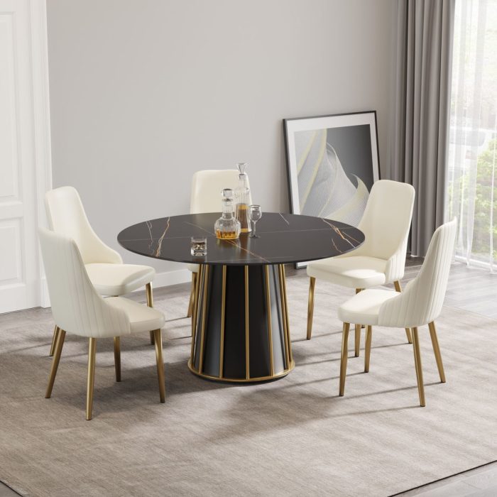 Modern Artificial Stone Round Metal Iron Base Dining Table, Can Accommodate 6 People (Not Including Chairs.) - Black - Image 3
