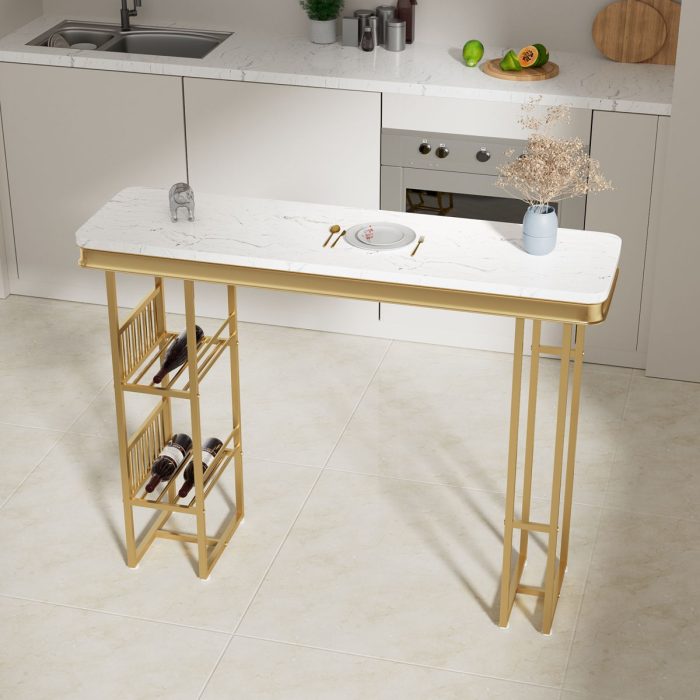 Modern Straight Bar Table With Shelves - White / Gold - Image 2