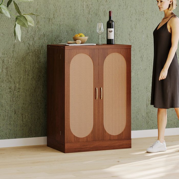 Home Bar Cabinet, Industrial Rattan Door Fold Out Bar Cabinet With Storage Bar Table - Walnut - Image 3