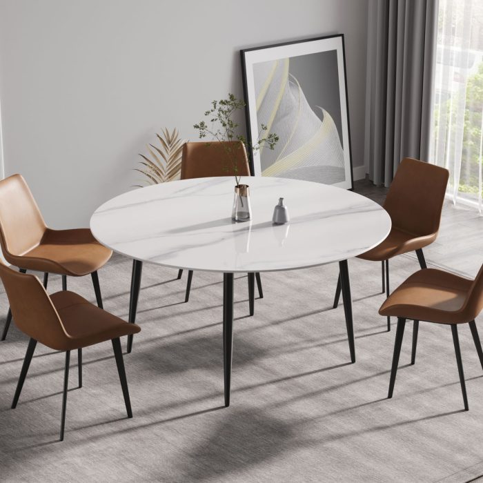Modern Man-Made Stone Round Metal Dining Table-Position For 6 People - Image 3