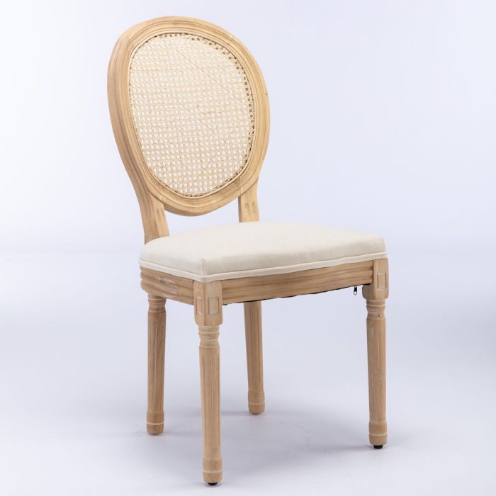 French Style Solid Wood Frame Antique Painting Linen Fabric Rattan Back Dining Chair (Set of 2) - Image 2