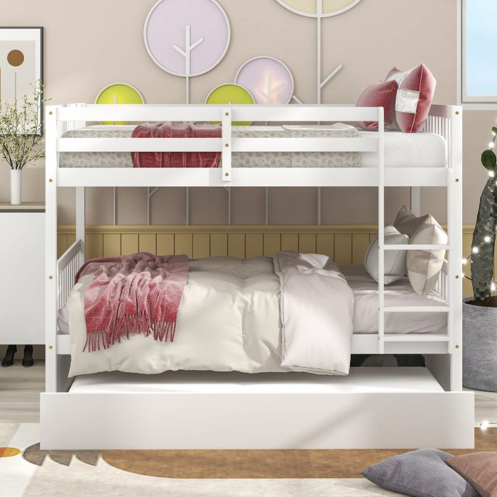 Bunk Bed With Trundle, Convertible To 2 Size Platform Bed, Bunk Bed With Ladder And Safety Rails For Kids - Image 4