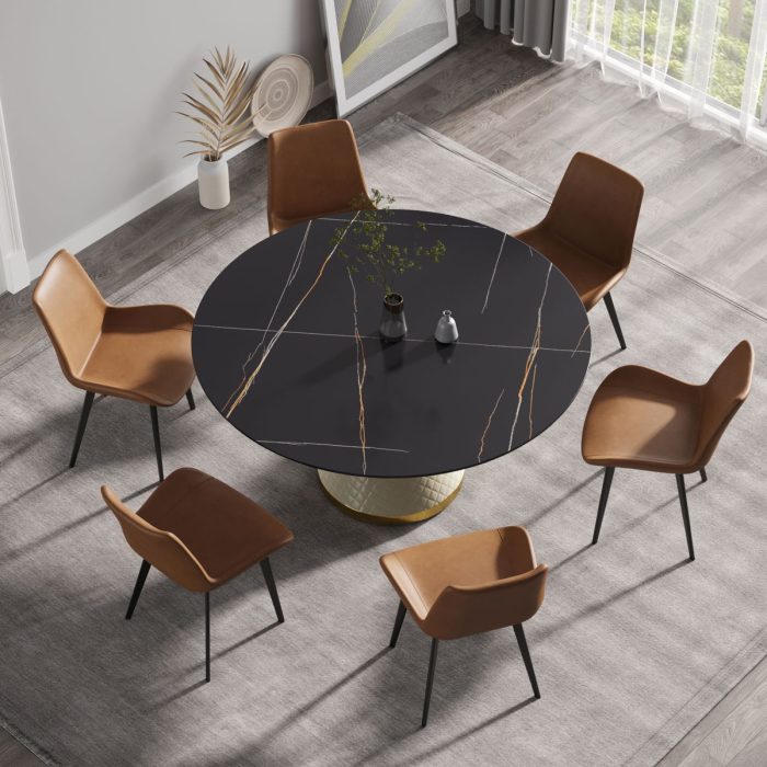 59.05" Modern Artificial Stone Round Carbon Steel Base Dining Table, Can Accommodate 6 People - Black / White - Image 3