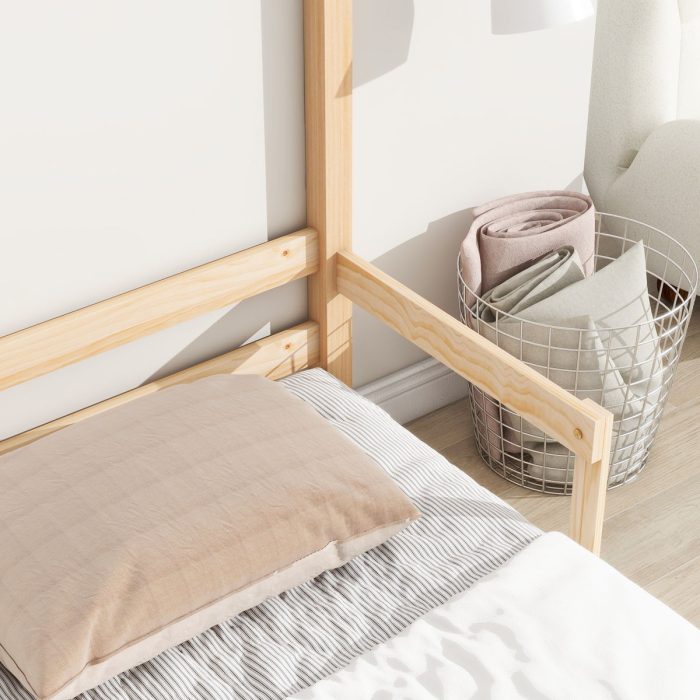 Twin House-Shaped Headboard Floor Bed With Handrails, Slats - Image 10