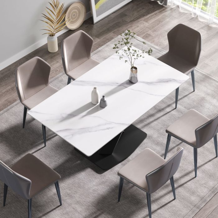 63" Modern Artificial Stone Straight Edge Metal X-Leg Dining Table, 6 People - White / Black - Image 3