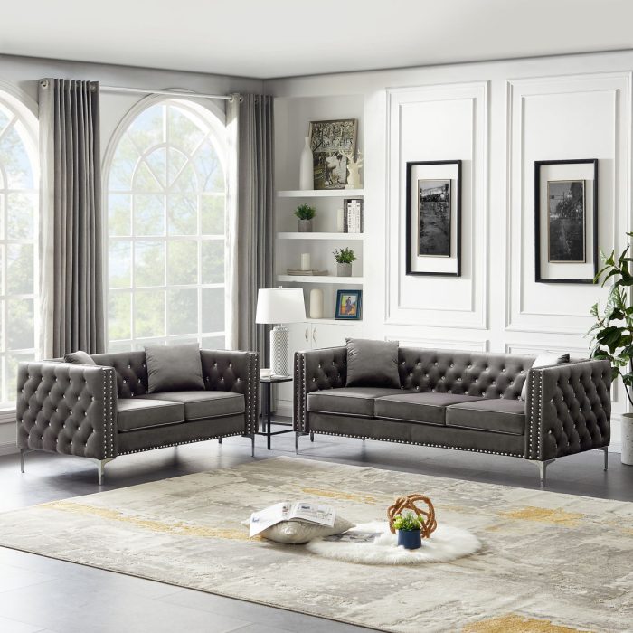 Wide Sofa With Jeweled Buttons Square Arm, 2 Pillows - Image 5