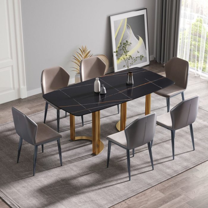 70.87" Modern Artificial Stone Black Curved Metal Leg Dining Table, Can Accommodate 6-8 People - Black / Gold - Image 4