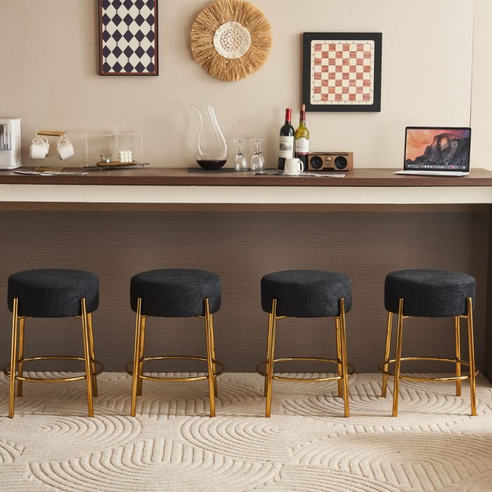 Round Bar Stools (Set of 2), Contemporary Upholstered Dining Stools For Kitchens, Coffee Shops And Bar Stores - Gold Legs - Image 3