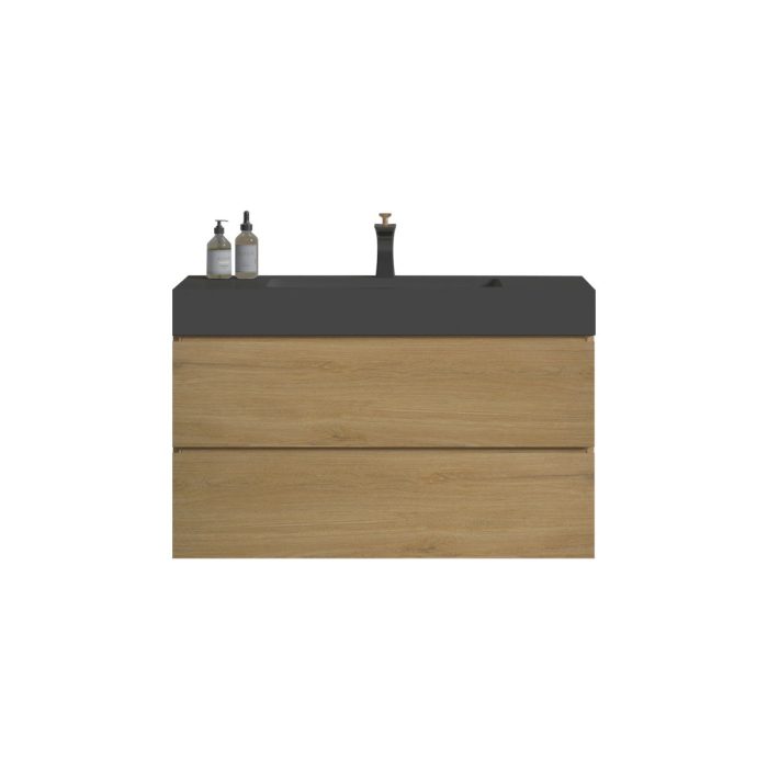 Alice - Natural Oak Bathroom Vanity With Sink, Large Storage Wall Mounted Floating Bathroom Vanity For Modern Bathroom, One-Piece Black Sink Basin Without Drain - Image 9