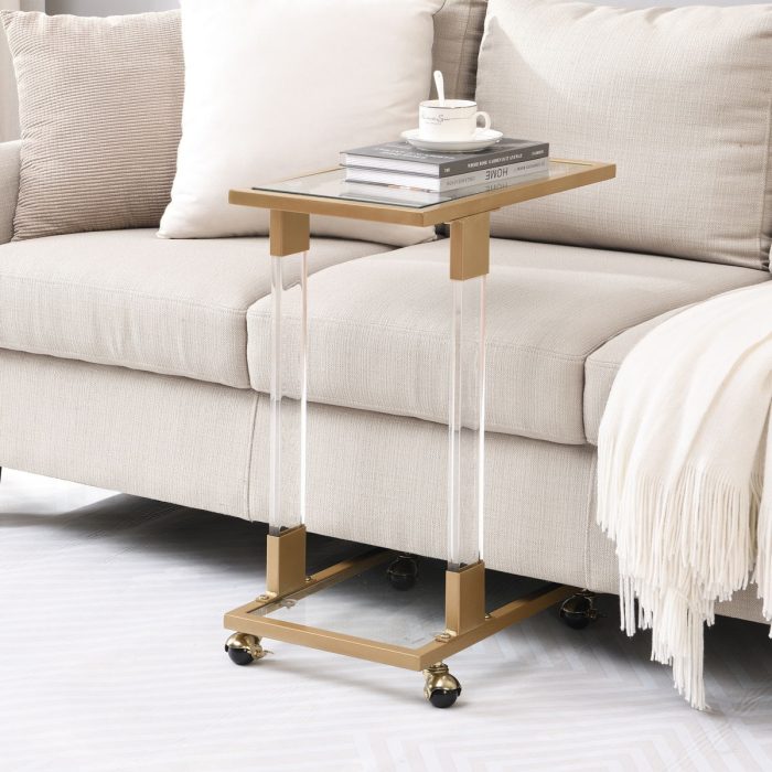Side Table, Sofa Table, Glass Top C Shape Square Table With Metal Base For Living Room, Bedroom, Balcony Home And Office - Image 2