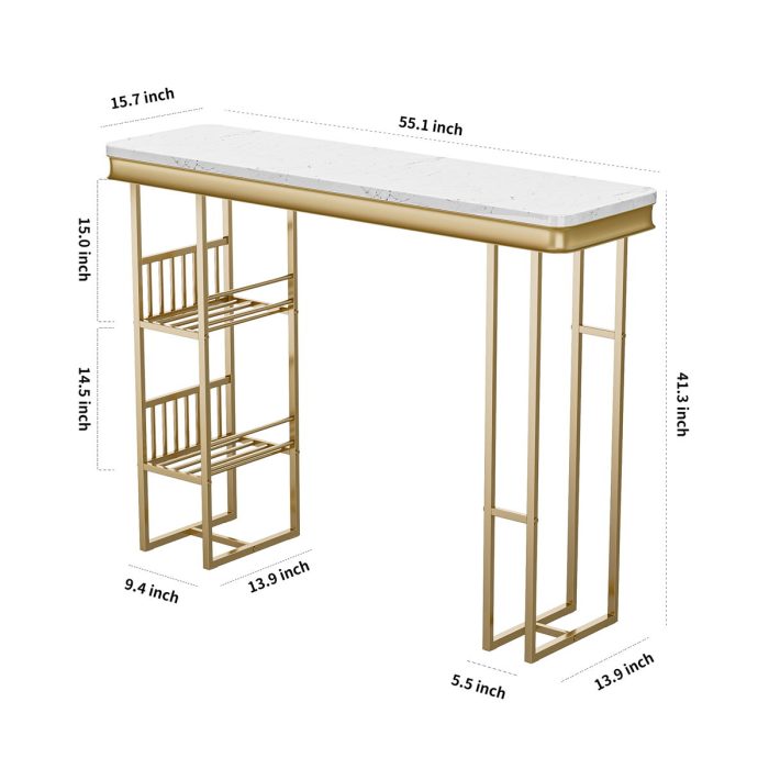 Modern Straight Bar Table With Shelves - White / Gold - Image 3