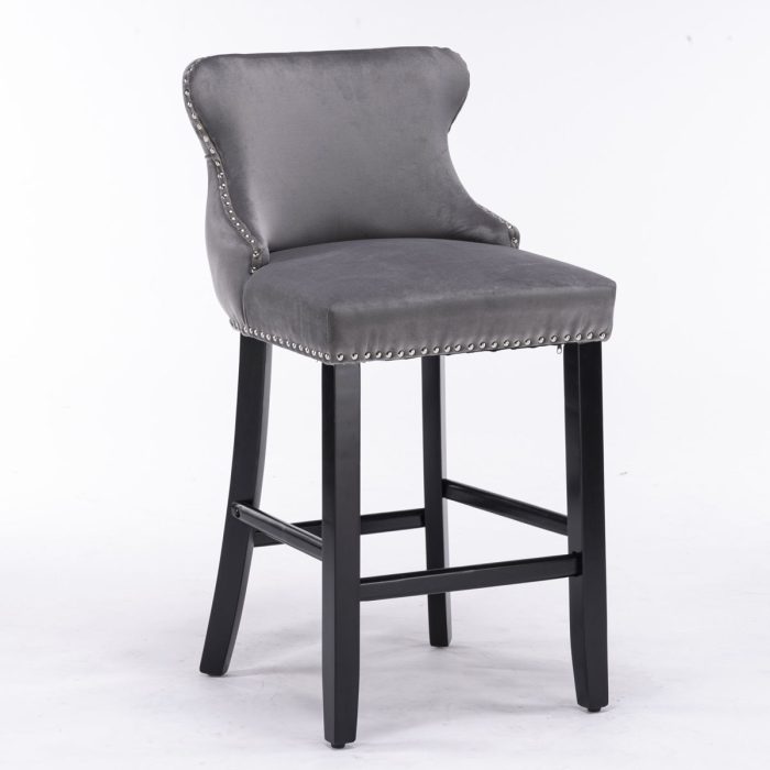 Contemporary Velvet Upholstered Wing-Back Barstools With Button Tufted Decoration And Wooden Legs, And Chrome Nailhead Trim, Leisure Style Bar Chairs, Bar Stools (Set of 2) - Image 6