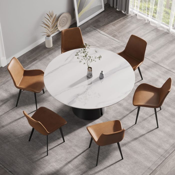 59.05" Modern Artificial Stone Round Carbon Steel Base Dining Table - White / Black - Image 4