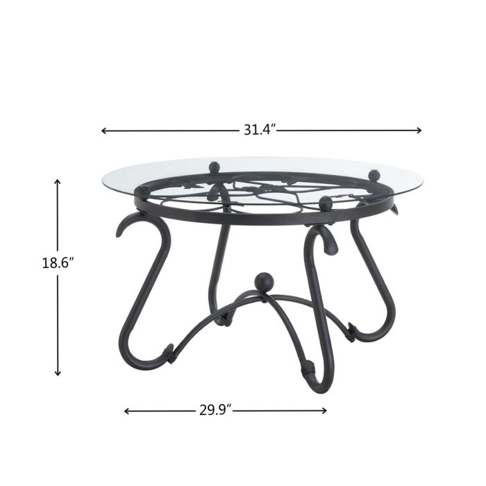 2 Piece Tempered Glass Surface Coffee Table Set, Decor Coffee Table Round End Side Table With Sturdy Construction For Living Room (Rustic) - Black - Image 2