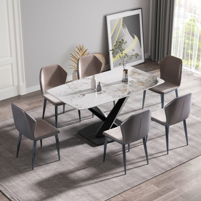 Modern Artificial Stone Pandora White Curved Metal Leg Dining Table, 6 People - Antique White - Image 2