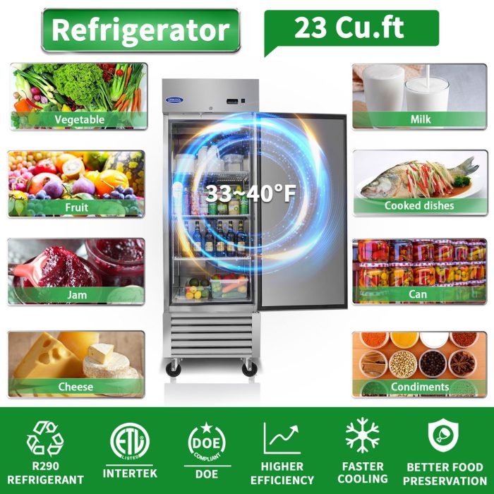 Commercial Refrigerator 23 Cu.Ft With 1 Solid Door Reach-In Refrigerators Stainless Steel Etl Approved Upright Fridge Storage - Silver - Image 3