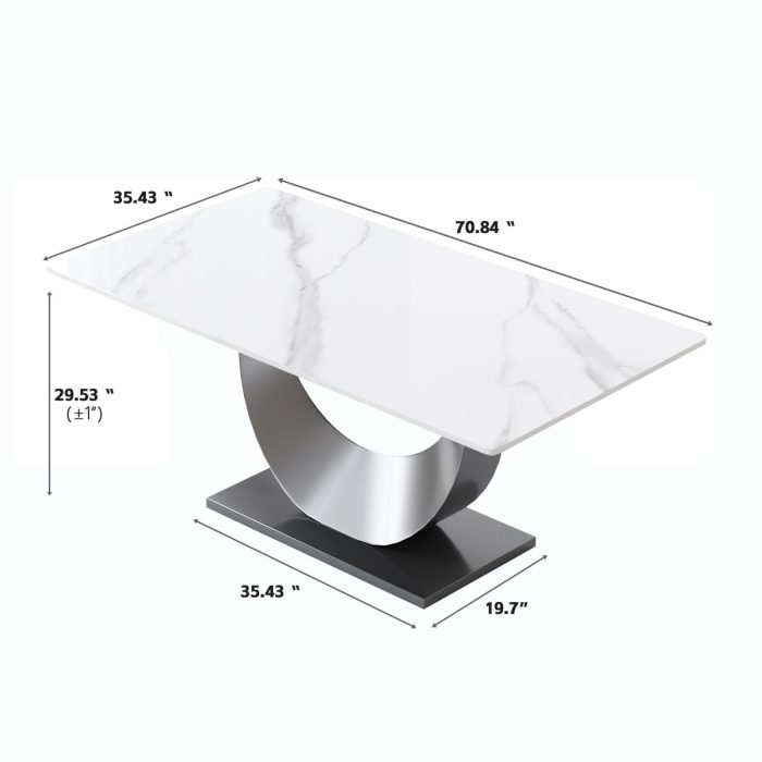 70.87" Modern Artificial Stone Crescent-Shaped Metal Legs, Can Accommodate 6-8 People - White / Black - Image 2