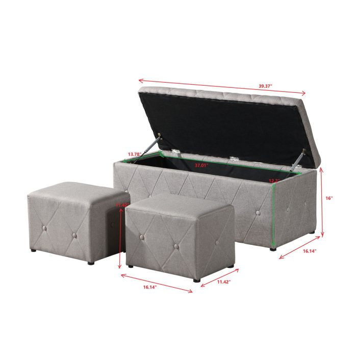 3 Piece Rectangular Storage Ottoman Short Velvet With 2 Set Ottomans - Image 6
