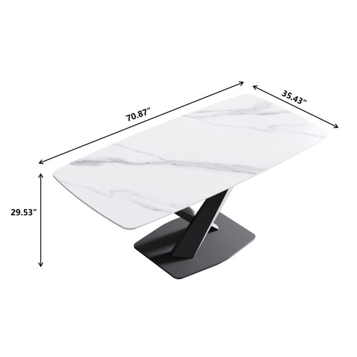 70.87" Modern Artificial Stone White Curved Black Metal Leg Dining Table, Can Accommodate 6-8 People - White / Black - Image 2
