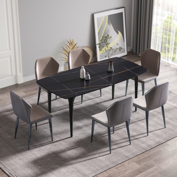 70.87" Modern Artificial Stone Curved Metal Leg Dining Table, Can Accommodate 6-8 People - Image 3