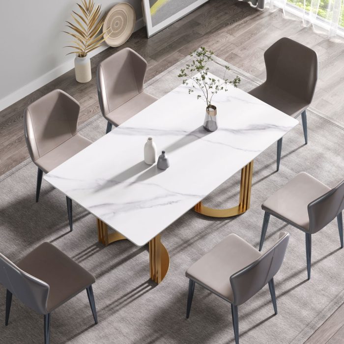 63" Modern Artificial Stone Straight Edge Metal Leg Dining Table, 6 People - White / Gold - Image 2