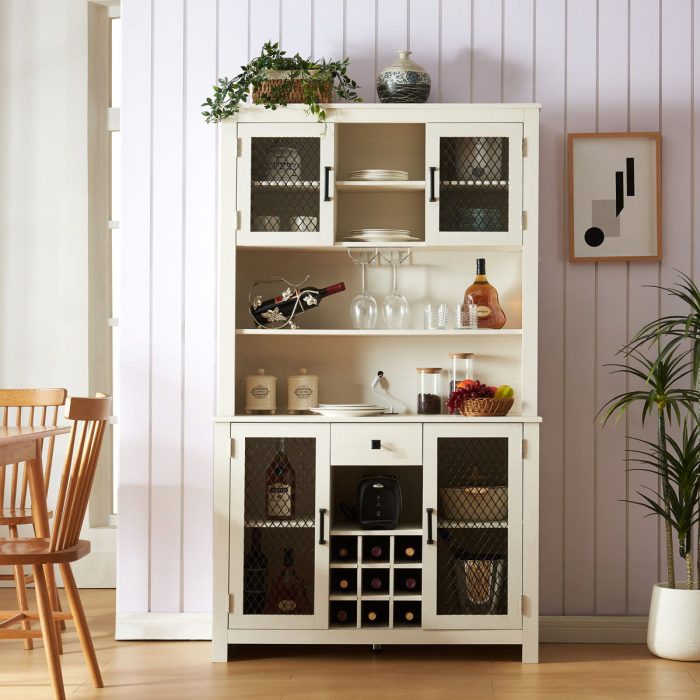 Kitchen Pantry Storage Cabinet Rustic Buffet Cabinet, Kitchen Hutch Cabinet With LED Outlets Food Pantry Cabinet With Doors And Shelves Wine Rack For Dining Room - Antique White - Image 3