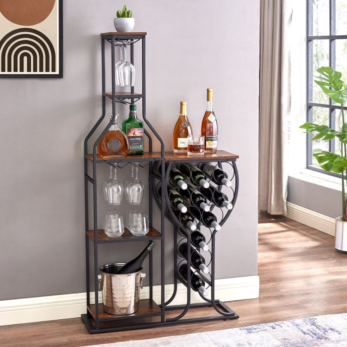 11 Bottle Wine Bakers Rack, 5 Tier Freestanding Wine Rack With Hanging Wine Glass Holder And Storage Shelves, Wine Storage Home Bar For Liquor And Wine Storage for Kitchen, Dining Room - Image 2