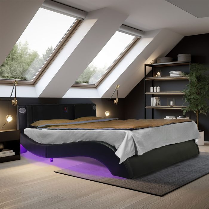 Queen Size Upholstered Platform Bed Frame With LED Lighting, Bluetooth Connection To Play Music Control, Backrest Vibration Massage, Curve Design, Wood Slat Support, Exhibited Speakers - Black - Image 4
