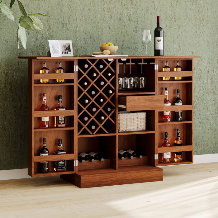 Home Bar Cabinet, Industrial Rattan Door Fold Out Bar Cabinet With Storage Bar Table - Walnut - Image 2