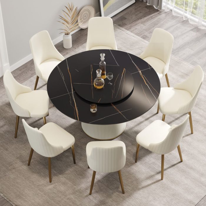 Modern Artificial Stone Round Plywood Base Dining Table, Can Accommodate 8 People Artificial Stone Turntable (Not Including Chairs) - Black / Beige - Image 3