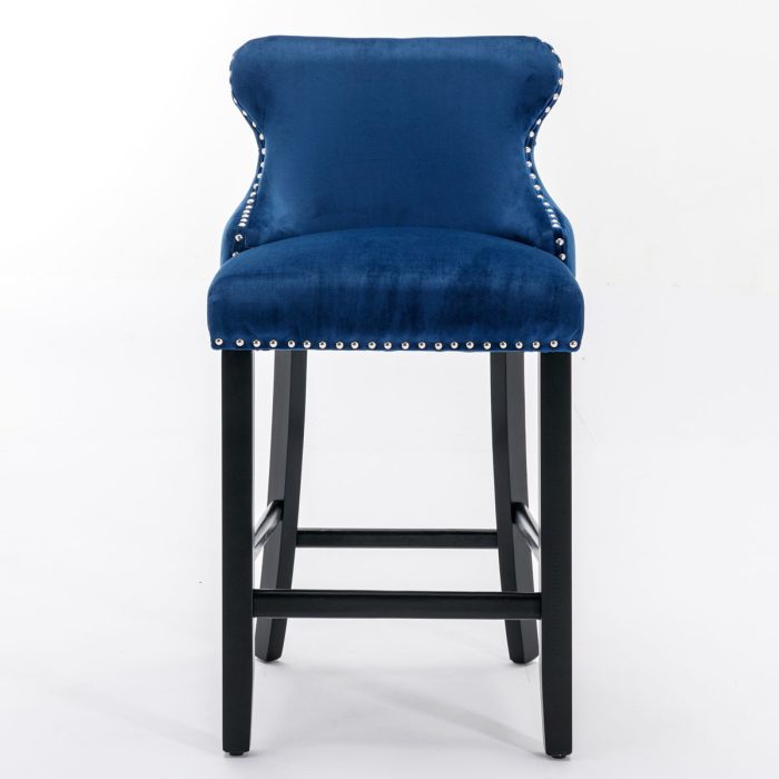 Contemporary Velvet Upholstered Wing-Back Barstools With Button Tufted Decoration And Wooden Legs, And Chrome Nailhead Trim, Leisure Style Bar Chairs, Bar Stools (Set of 2) - Image 3